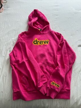 drew house bright pink hoodie with yellow logo